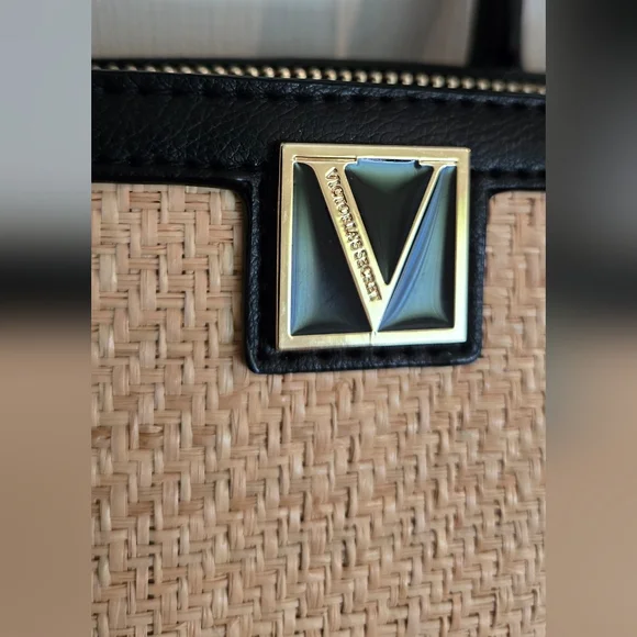 Victoria's Secret Structured Satchel Straw Tote Black Tan Women Crossbody NWOT - Picture 4 of 16